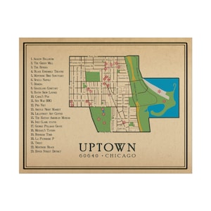 May include: A vintage-style map of the Uptown neighborhood in Chicago, Illinois. The map features streets, landmarks, and points of interest, with the word "Uptown" and the zip code "60640" prominently displayed. The map is printed on a tan background.
