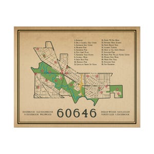 Affiche de plan de rue avec code postal de Chicago 60646 - impression d'art mural, art déco maison, plan de la ville vintage, affiche des quartiers de Chicago
