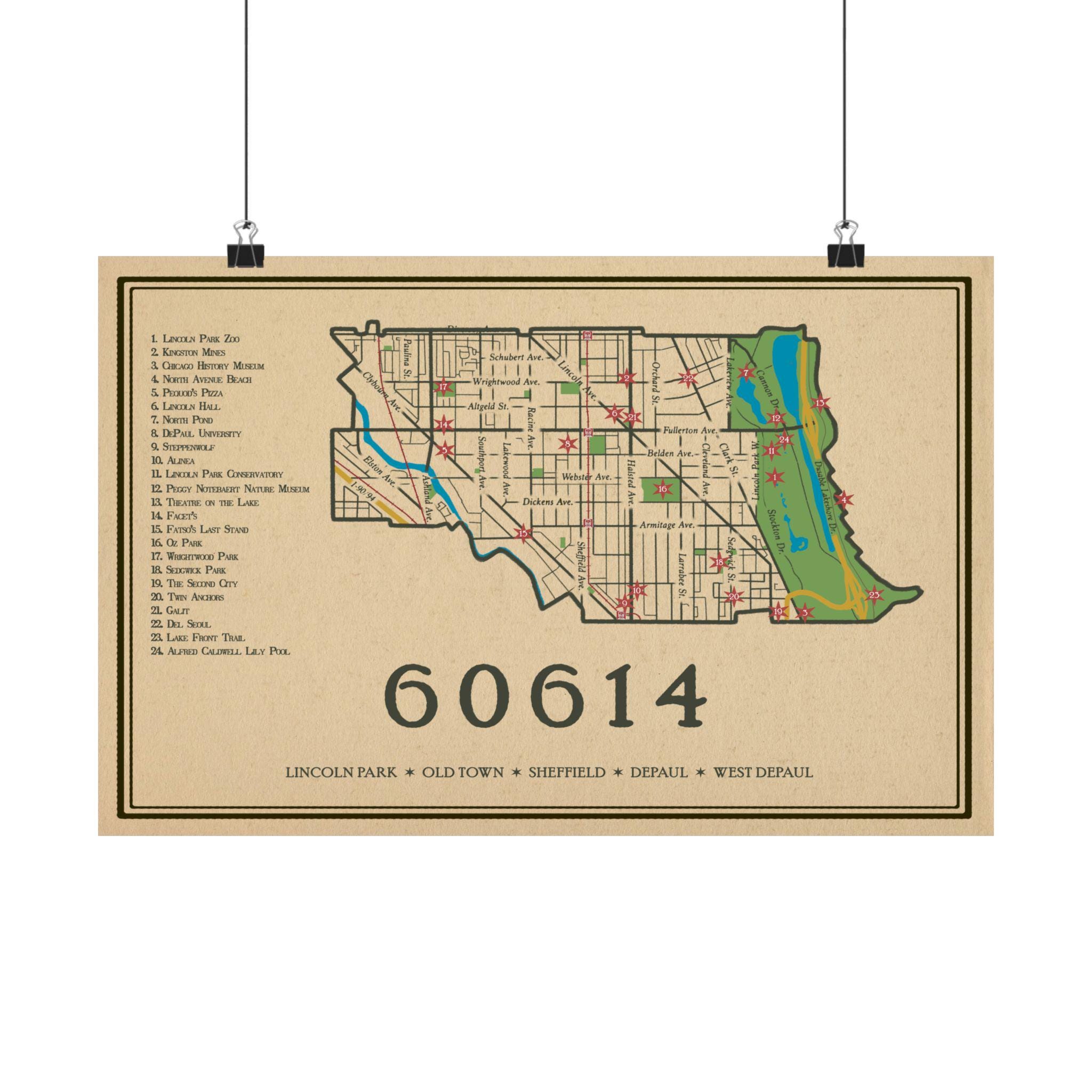 Chicago 60614 Zipcode 2025 Street Map Poster, Lincoln Park, Old