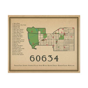 Affiche Chicago code postal 60634, carte 2024. Cartes vintage, décorations d'art murales, quartiers de Belmont Cragin, Montclare, parc du Portage