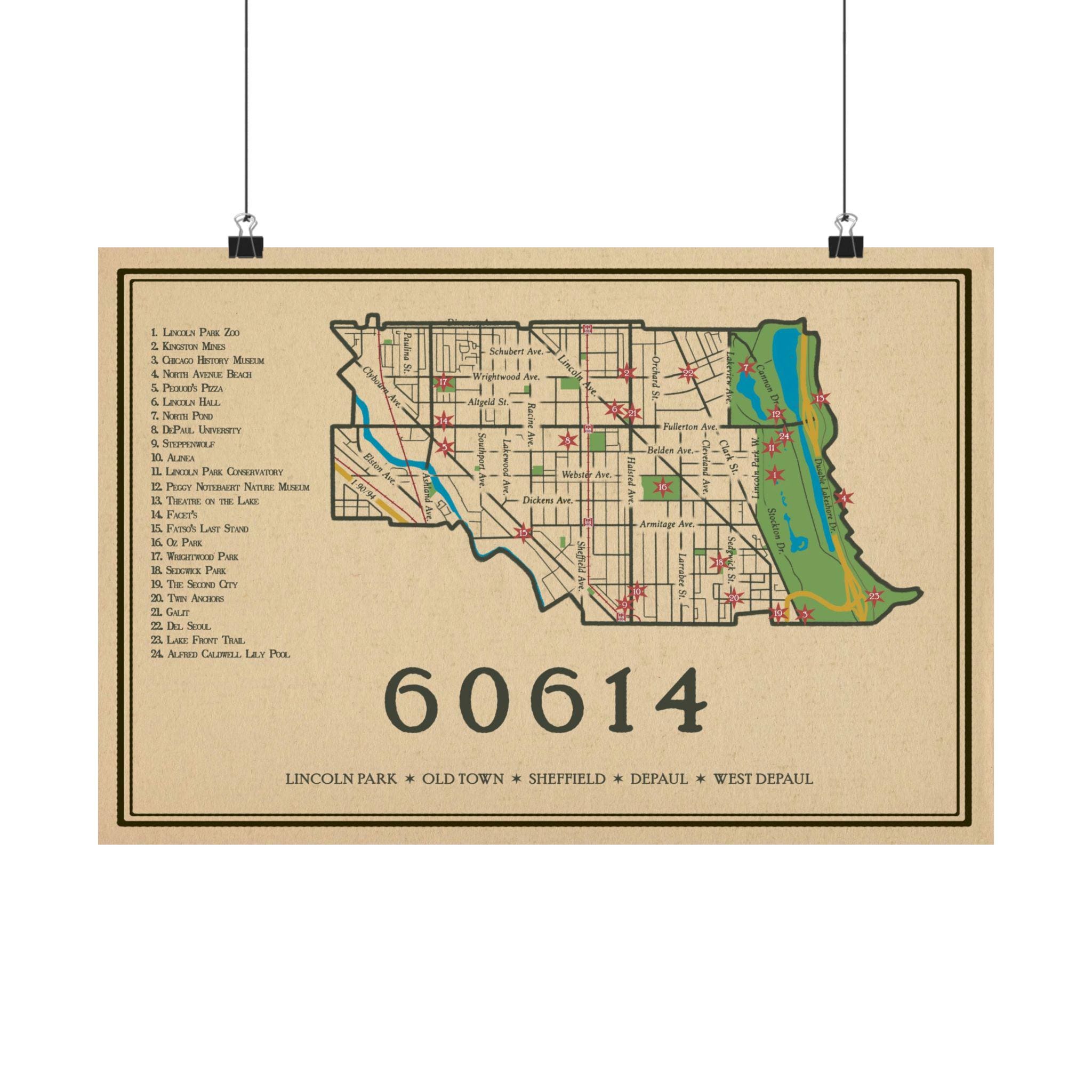 Chicago 60614 Zipcode 2025 Street Map Poster, Lincoln Park, Old