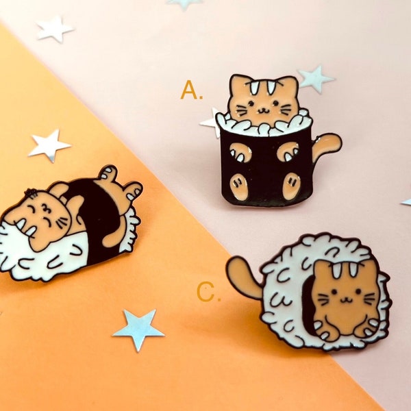 Cute Sushi Cat Enamel Pin, Orange Cat Pin, Cat Enamel Pin, Cute Kawaii Cat pins, Chibi cats, Kawaii Pin, Rice Ball Pin