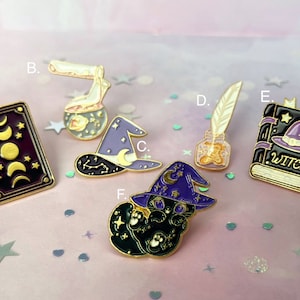 Wicked Witch Cat Enamel Pin, Spell Book Pin, Black Cat pin, Witch hat Pin, Kawaii Cat Pin, Witch Pins, moon phase Tarot Card pin, Potion Pin