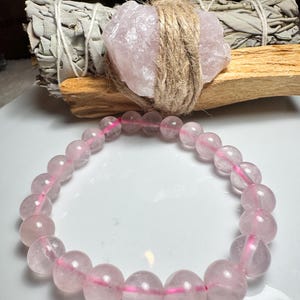LOVE BUNDLE- Rose Quartz 8mm polished bead stretch bracelet Adult Size: Medium 6.8-7.3 inch, Sage / Palo Santo / Raw Rose Quartz Stone - 4pc