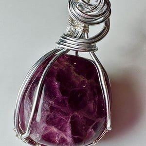 PURPLE Fluorite Silver Wire-Wrapped Necklace Pendant.