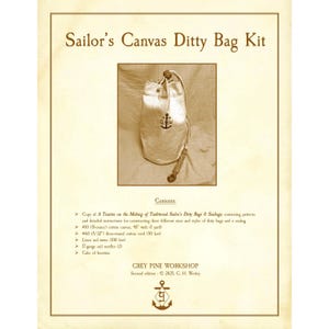 May include: A kit for making a traditional sailor's ditty bag. The kit includes a copy of a treatise on the making of traditional sailor's dirty bags and seabags, 1 yard of 15-ounce cotton canvas, 50 feet of 5/32 inch cotton cord, 100 feet of linen sail twine, 2 17-gauge sail needles, and a cake of beeswax. The kit is from Grey Pine Workshop.