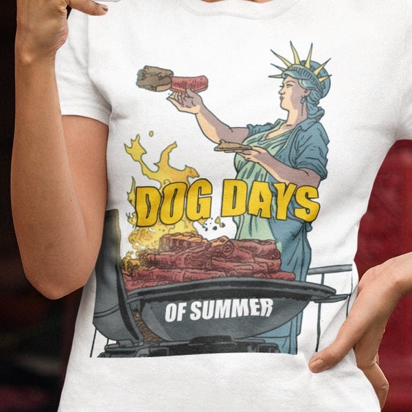 Lady Liberty Smoking Meat in the BBQ State—Summer Xmas action dans un après-midi caniculaire d'août. Prends une bière, les journées canines ne seront pas bientôt terminées