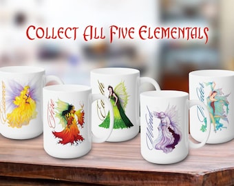 Four Elements, Set of 5, Fae Handmade Fairy Wings Artwork Tea Cup, Coffee Tall, Faerie Fantasy Large Tall Mug, Earth Wind Fire Water, Fifth