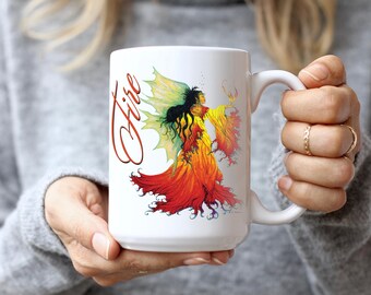 Fire Element Mug, Custom Fae Handmade Fairy Wings &#39;Fire Transforms&#39; Artwork Tea Cup, Elemental Coffee Tall Mug, Fantasy Four Elements Large
