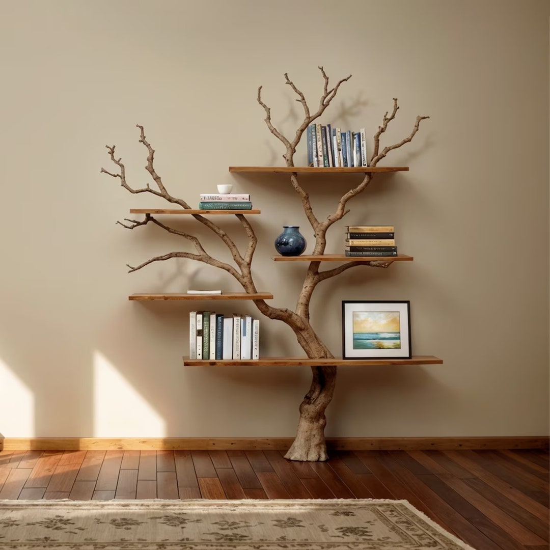Tree Branch Floating Shelves Wall Mount Solid Wood Live Edge Bookshelf ...