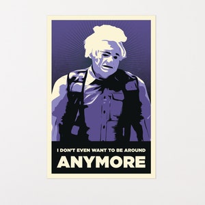 May include: A purple and black poster with a silhouette of a person with white hair. The text on the poster reads "I don't even want to be around ANYMORE".