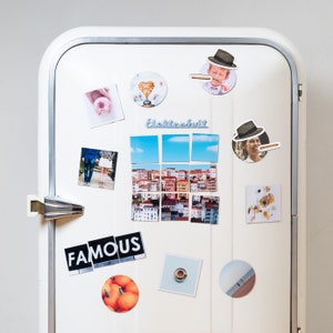May include: A white refrigerator door with various magnets attached. The magnets include photos, illustrations, and text. The text includes "Famous" and "Elektrofruit".
