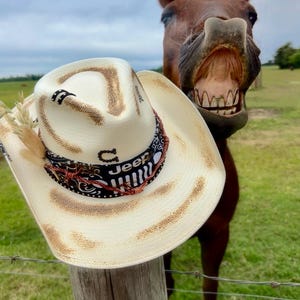 Black Bandana Western Straw Hat: Custom burned distressed, barbed wire band