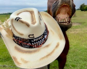 Black Bandana Western Straw Hat: Custom burned distressed, barbed wire band