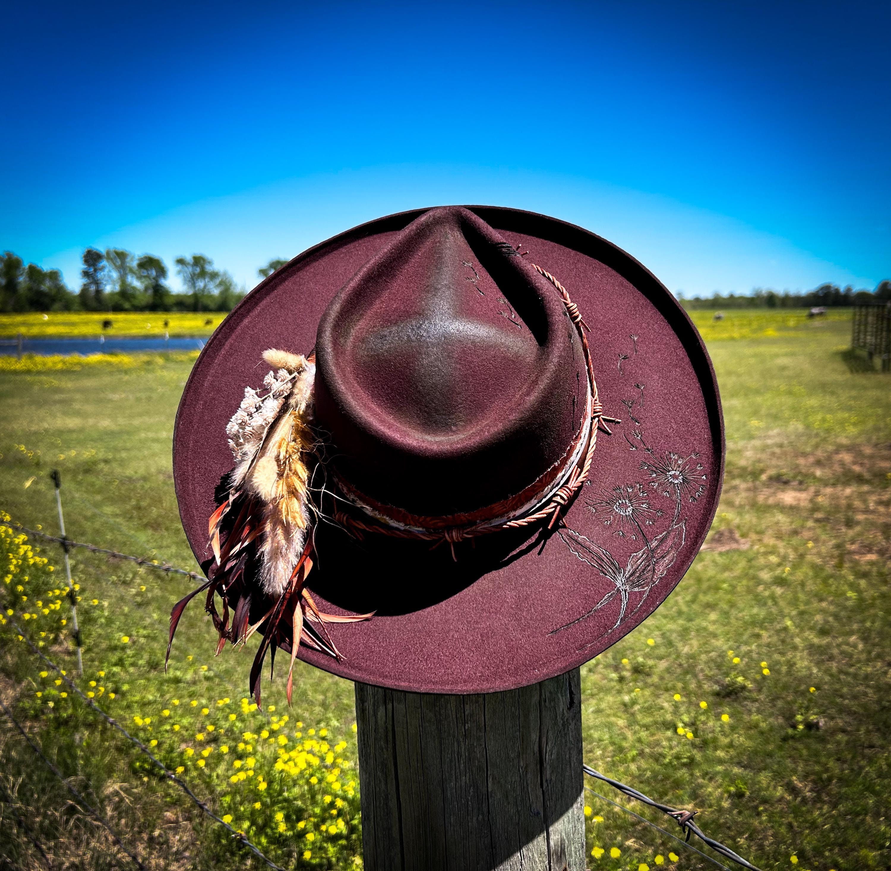 Black Cherry Wool Boho Hat: Distressed, Hand-burned  display picture 3