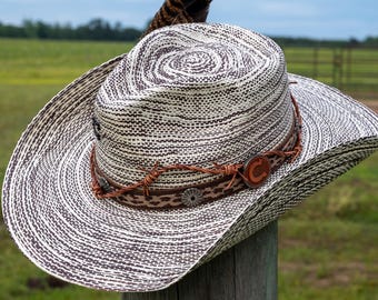 Boho Western Straw Hat: Barbed Wire and Cheetah Band