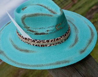 Turquoise Boho Western Hat: Cheetah Print Band, Rose Gold Sparkle