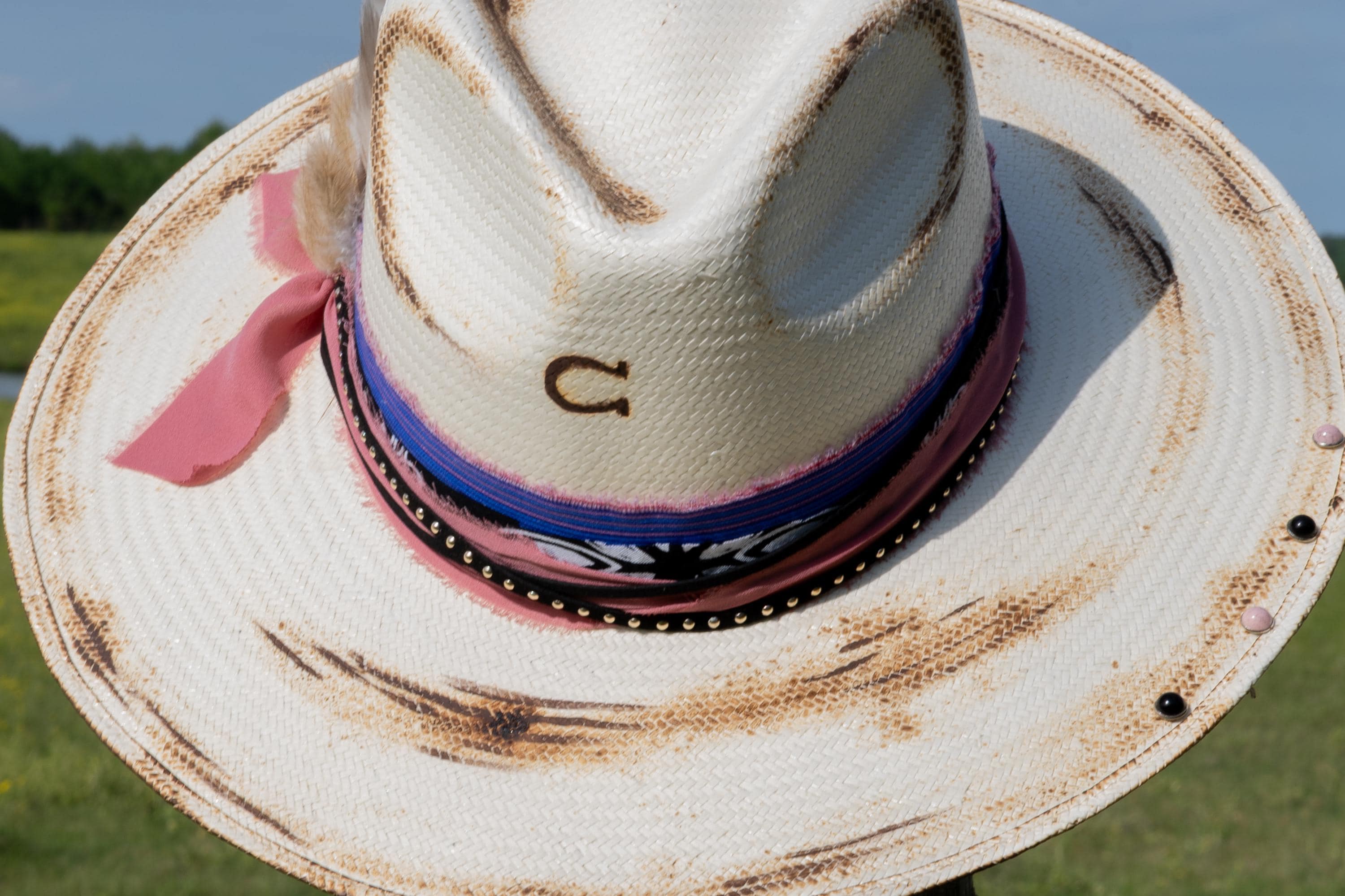 Pink and Purple Straw Western Hat: Custom Burned and Distressed, Black Chain Accents