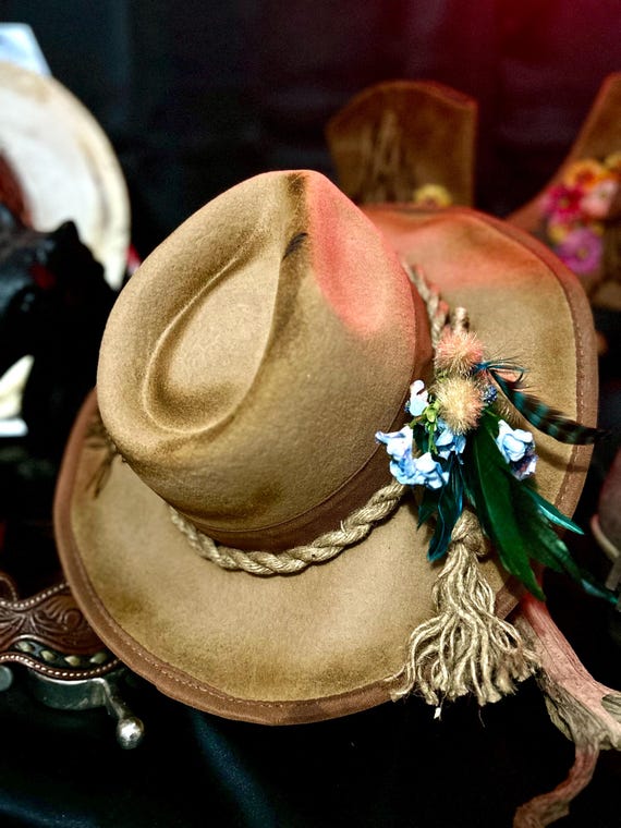 Floral and Rope Wool Hat: Floppy Brim, Custom Burned Boho Sunhat
