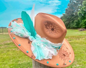 Handcrafted Sunflower Cowboy Hat: Turquoise Stone Western Wear