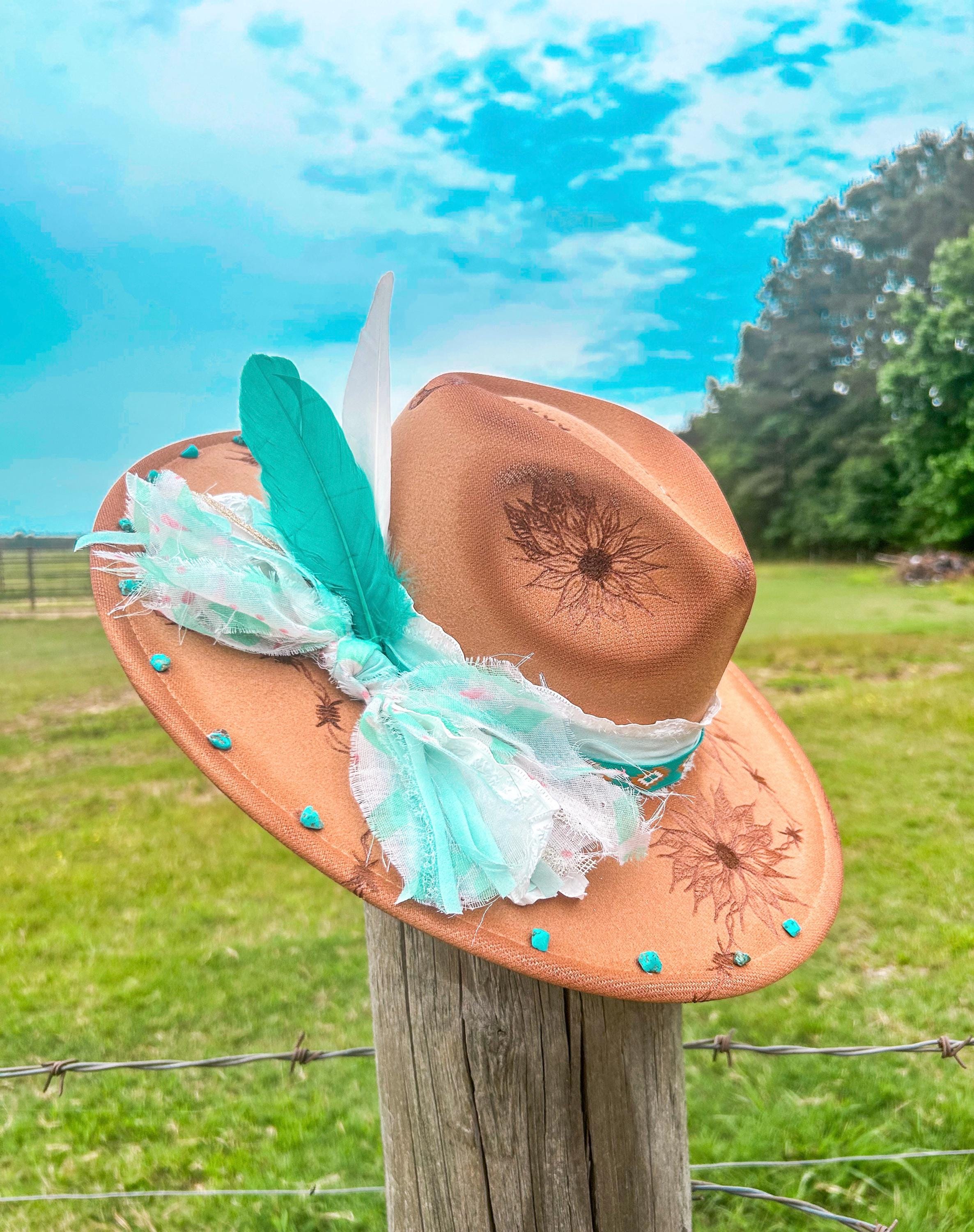 Hand Painted Sunflower Heart Western Hat – Turquoise Boho Cowgirl – Adjustable Sunflower Burned Hat, Floral Engraved Cowboy Hat, Sunflower  main image 2