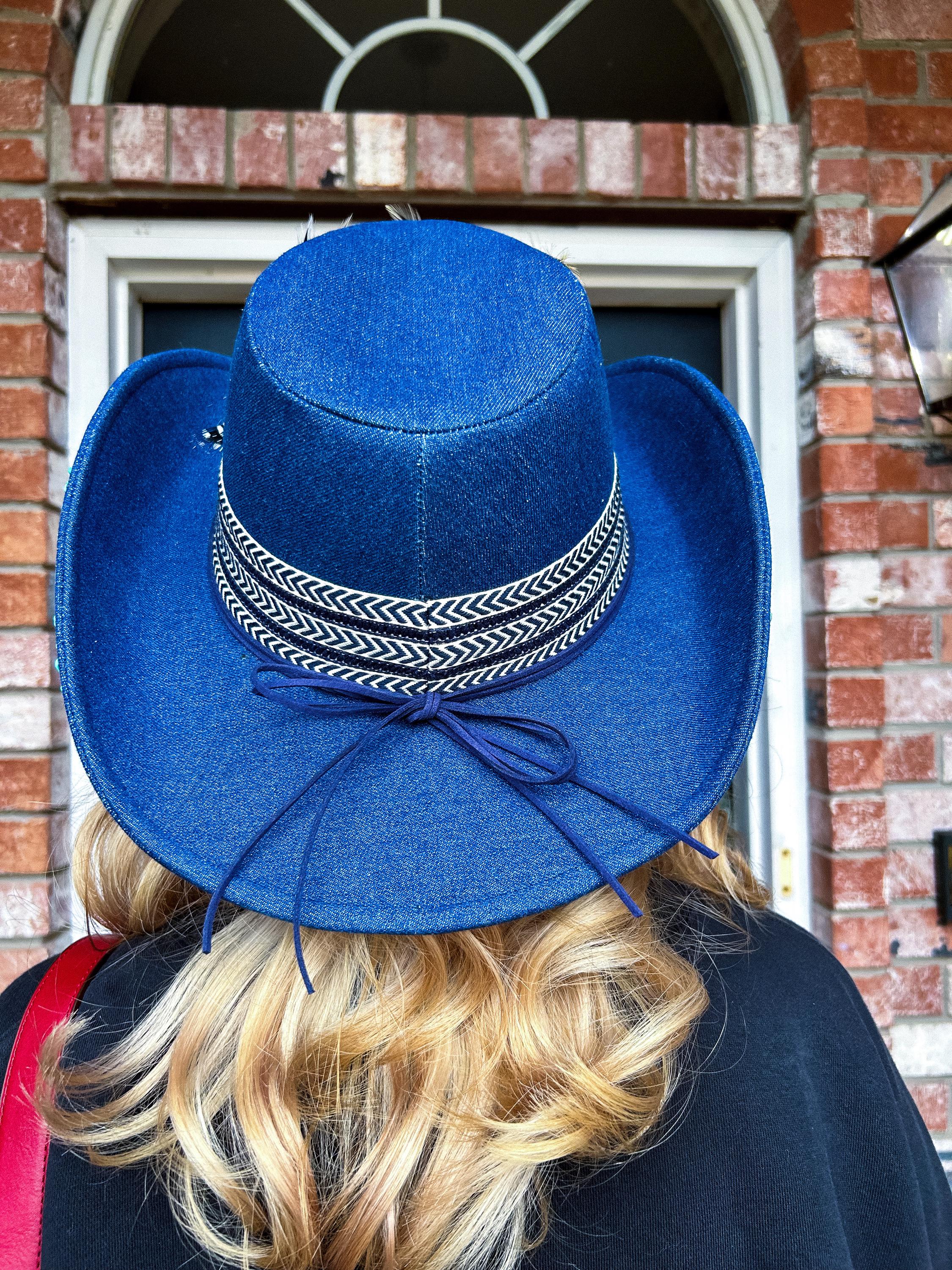 NWT Boho Blue Marbled Denim Look Western Cowboy Hat Beaded Turquoise Tassel Trim f51260ff-1895-485e-85cb-  main image 4