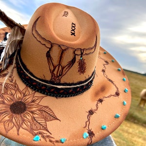 Handmade - Custom - Cowskull and turquoise Burnt/Burned -  Wide Brim - distressed - flat brim - wide brim - cowgirl hat - Mother’s Day gift