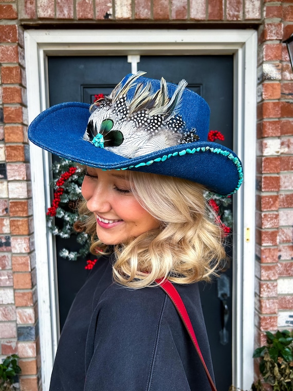 Denim Western Boho Hat: Feathers and Turquoise Band - Etsy  display picture 2
