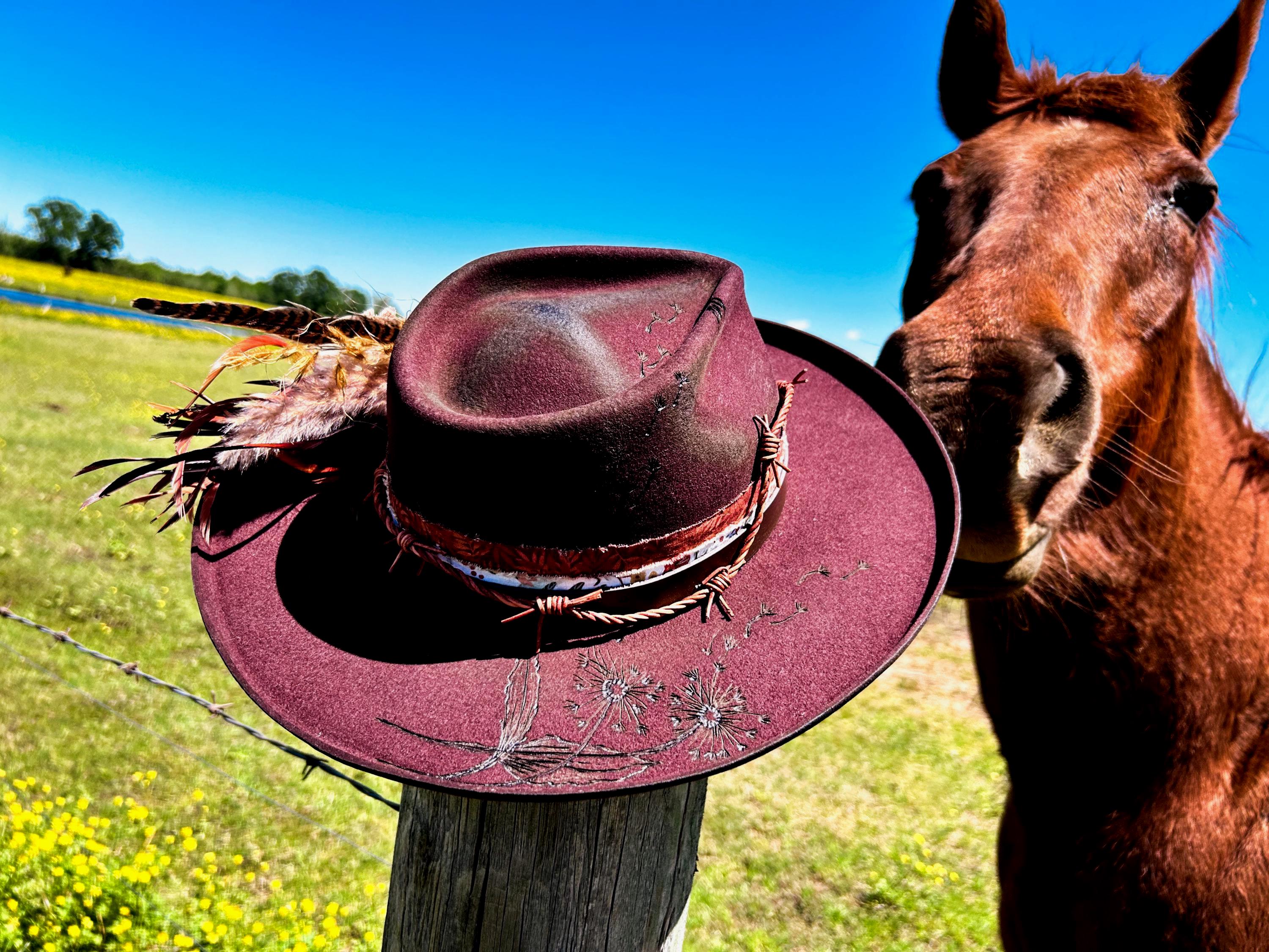 Black Cherry Wool Boho Hat: Distressed, Hand-burned  display picture 1