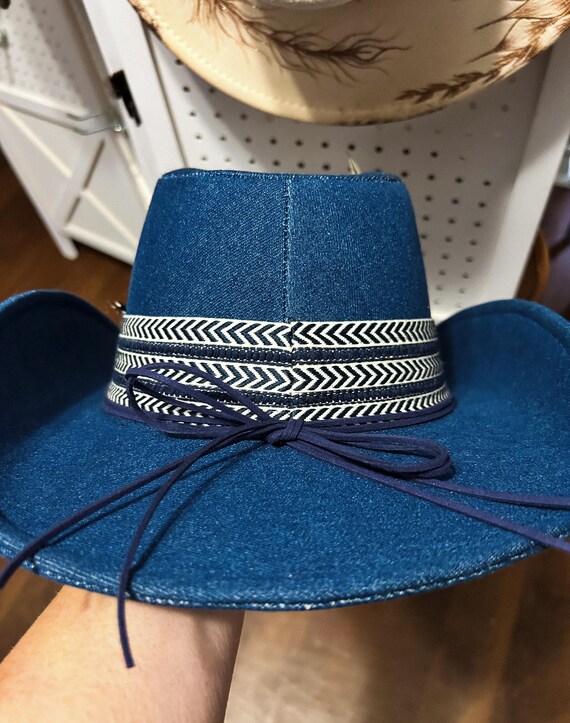 Denim Western Boho Hat: Feathers and Turquoise Band - Etsy  display picture 3