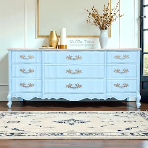 SOLD - French Provincial 9-Drawer Dresser 72"w – Vintage Triple Dresser – Painted Refinished Credenza