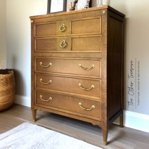 Vintage Bassett Burled Walnut Dresser | Mid Century Neoclassical Chest | Refinished Solid Wood Tallboy