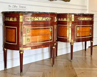 Pair of French Louis XVI Style Demilune Marble Top Commodes | Nightstands | Bedside tables