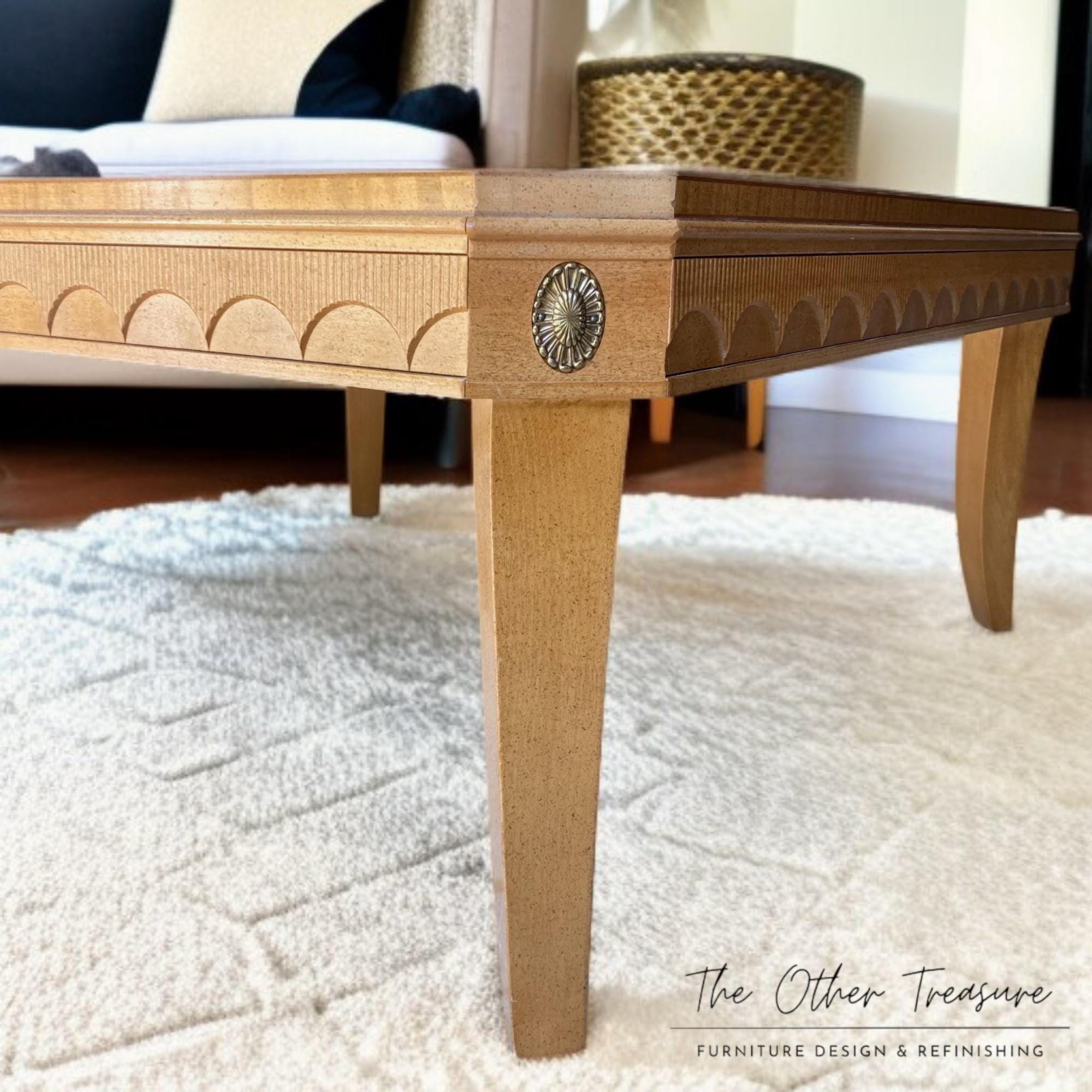 Mid Century Modern Blonde Beech Coffee Table: Brass Rosettes, Saber Legs