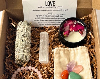 Self-Care Gift Box: Soy Candle, Crystals, Selenite, and Sage self love gift box crystal and flower candle cleansing crystal gift
