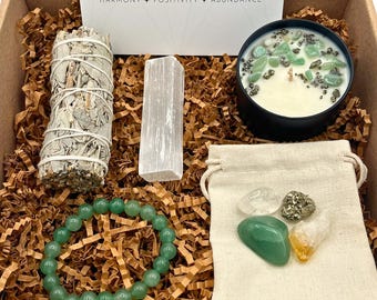 Crystal Gift Box: Intention Candle, Selenite, Sage, and Bracelet Self care gift box Self love gift or protection gift box for good luck