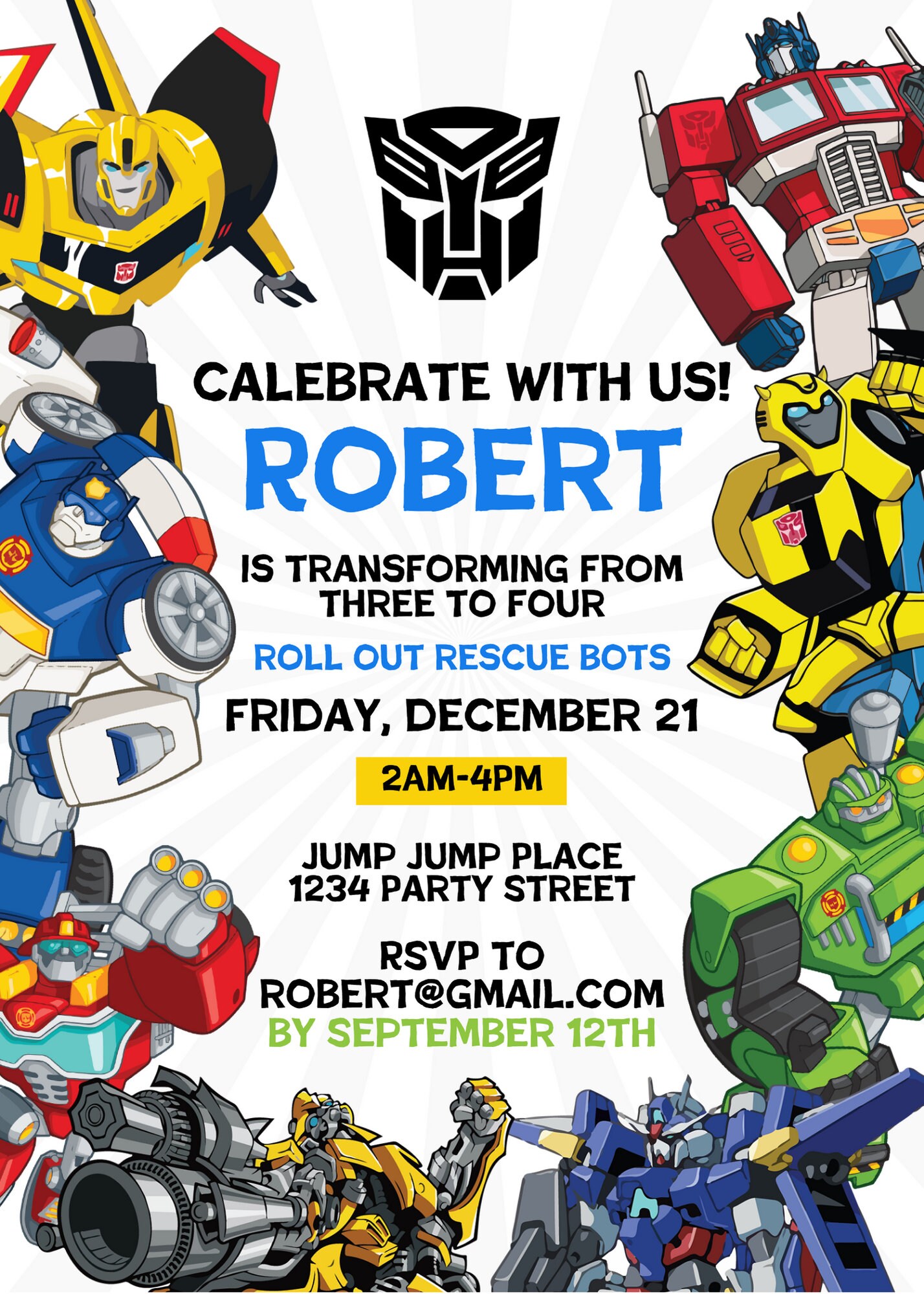 Rescue Bots Transformers Birthday Invitation Template, Birthday Party