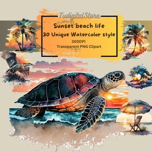 Watercolor Sunset beach Clipart - 30 sunset beach life PNG - Sea turtle - Bird - Beach - Sunset PNG - Instant download