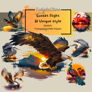 Bird clipart - Sunset PNG - 31 Sunset flight art - Bird illustration bundle Instant download - Eagle, Blue heron, Ravens, and more