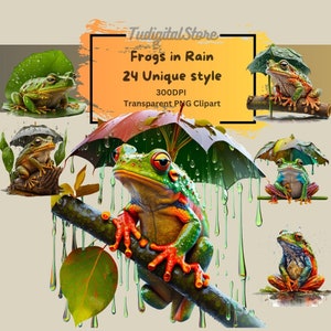 Frosch im Regen Clipart - Regenschirm Grafiken - Kröten im Regen PNG - Regnerischer Tag - Illustrationen Garten Natur Themen Leben Froggy World PNG