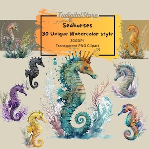 Watercolor Seahorse Clipart - 30 ocean animals PNG - Colorful seahorse clip art graphics - instant download