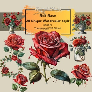 Watercolor red roses clipart - 28 rose illustrations PNG - Rose Bouquet Clip Art - Instant download