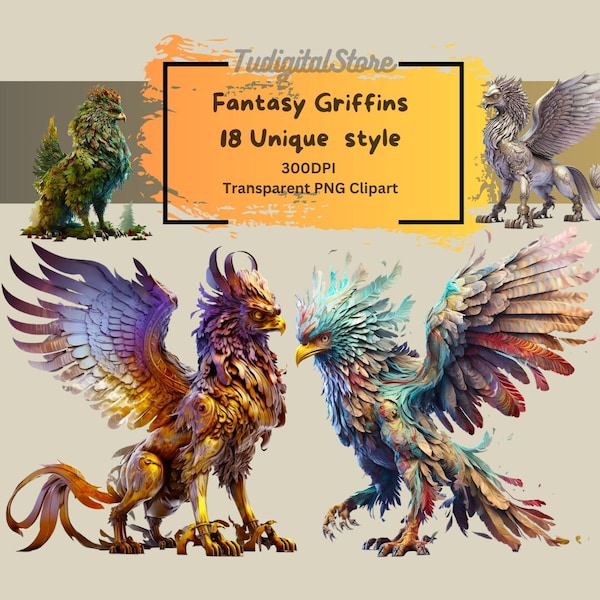 Fantasy Griffin Clipart - Mythical Creatures Clipart Bundle  - Magical Fantasy Fairytale Gryphon PNG - Junk Journal - Instant download