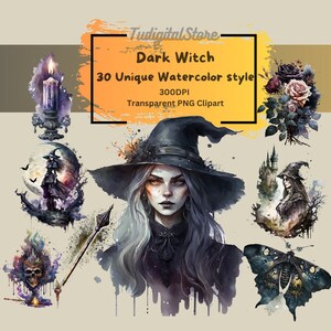 Watercolor Dark Witch Clipart - 30 Gothic witch PNG - magic clip art - mystical clipart - witchcraft png - Instant download