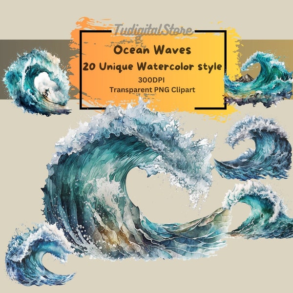 Watercolor Ocean Waves Clipart - 20 Ocean Waves PNG - Summer PNG - Instant download