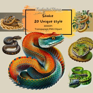 Snake Clipart - 20 reptiel clipart bundel groene slang - dierlijke clipart bundel slangenliefhebbers cadeau PNG junk journal cobra ratelslang