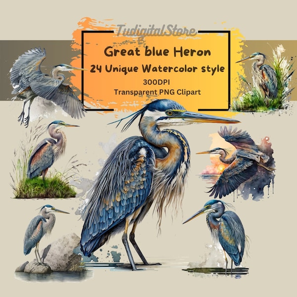 Great Blue Heron Watercolor Clipart - 24 Heron PNG - Bird PNG - Animal Clipart - Instant download