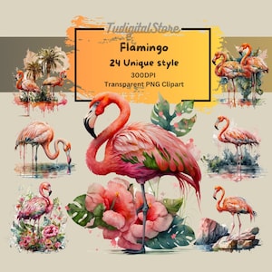 Watercolor Flamingo Clipart - 24 tropical birds PNG - Pink bird - Flamingo PNG -  instant download