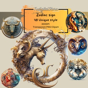 Sternzeichen Clipart Horoskop Clip Art Bundle - 48 PNG Zodiac singt - Astrologische Kunst -Instant Download