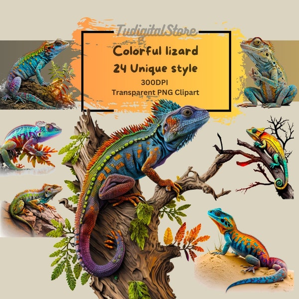 Colorful Lizard clipart - 24 PNG Bundle - Lizard lover - Reptile clipart - Instant Digital Download, Clip Art, Sublimation, Artwork